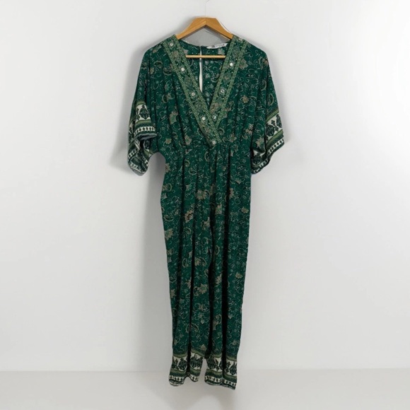Zara Sold Out EMBROIDERED PRINTED JUMPSUIT Like Spell Size Large- Emerald‎ Green - Picture 1 of 12